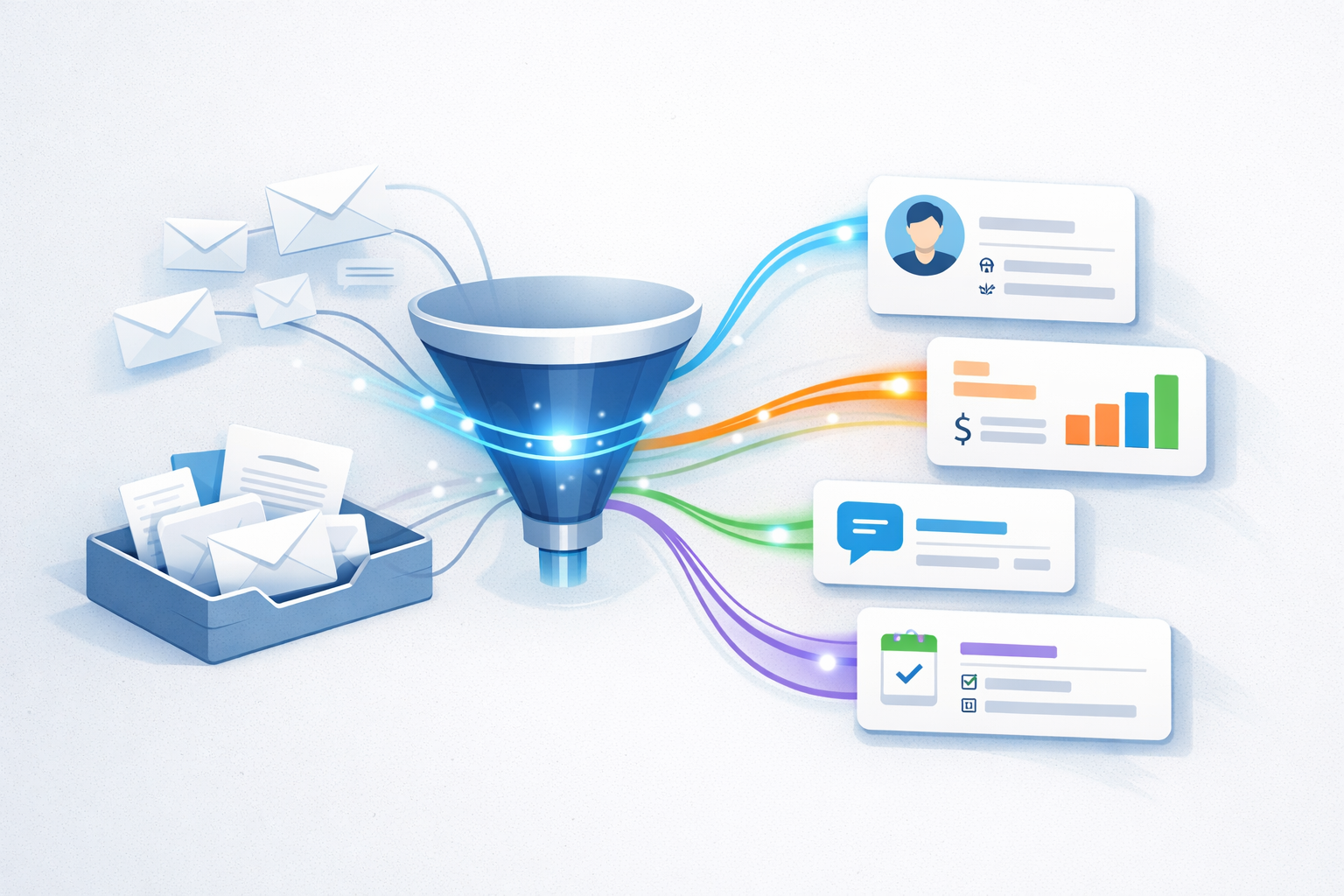 Incoming lead emails automatically converted into HubSpot contacts, deals, tickets, and follow-up tasks through email parsing