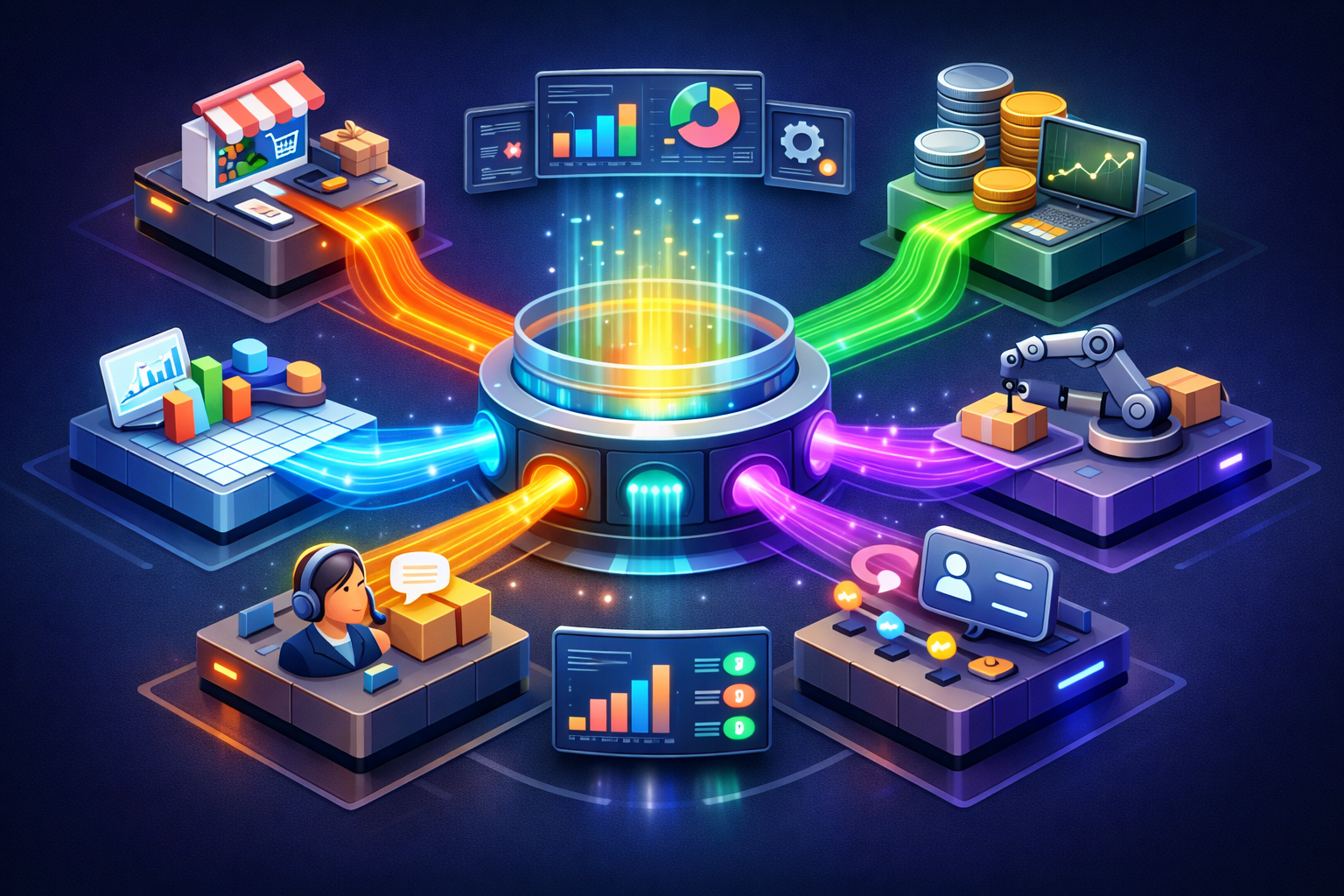 Multiple business data sources syncing into one unified data hub powering clean reporting and automation