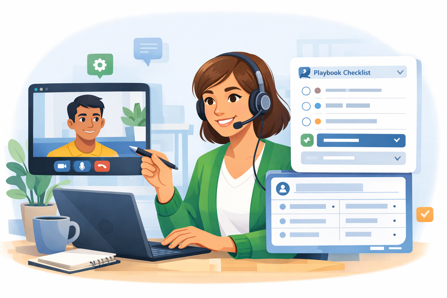 Sales rep using a guided playbook during a live call to capture consistent qualification data inside the CRM