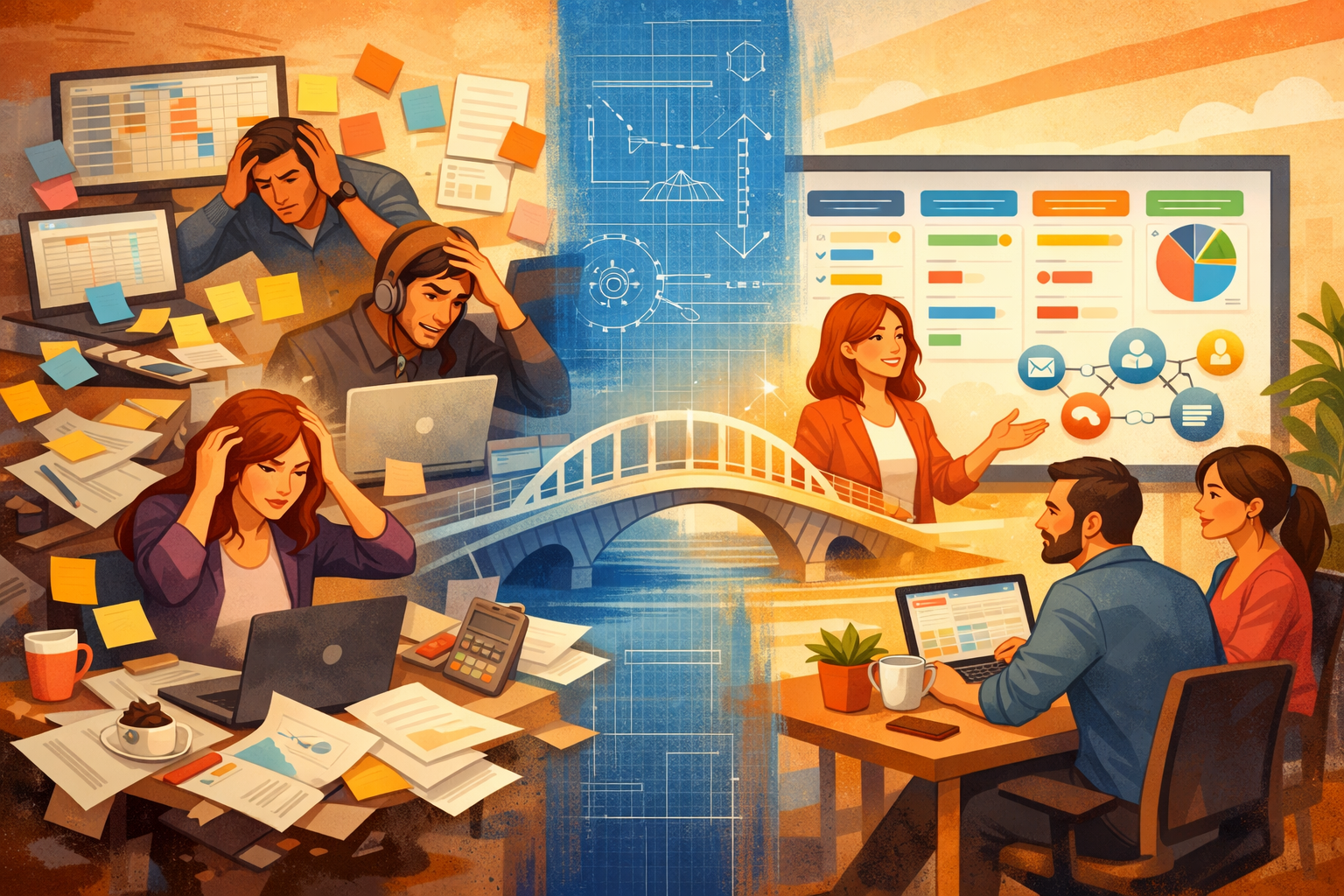 Messy disconnected tools transforming into a structured CRM system with clear pipelines, dashboards, and team alignment