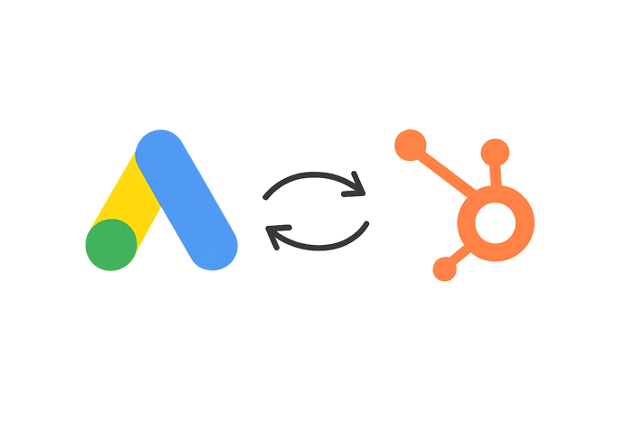 Image of Google Ads logo next to hubspot logo between the two logo is a loop simple neutral background-1