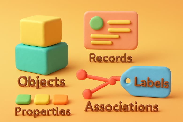 Objects, records, and properties forming the CRM foundation, connected by associations and labels.