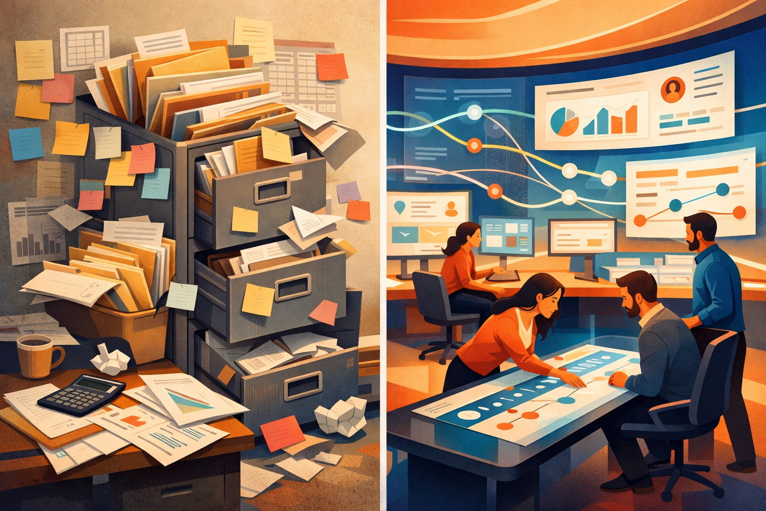 Splitpanel editorial illustration left side shows a dull cluttered static CRM as a filing cabinet overflowing with folders sticky notes and scattered