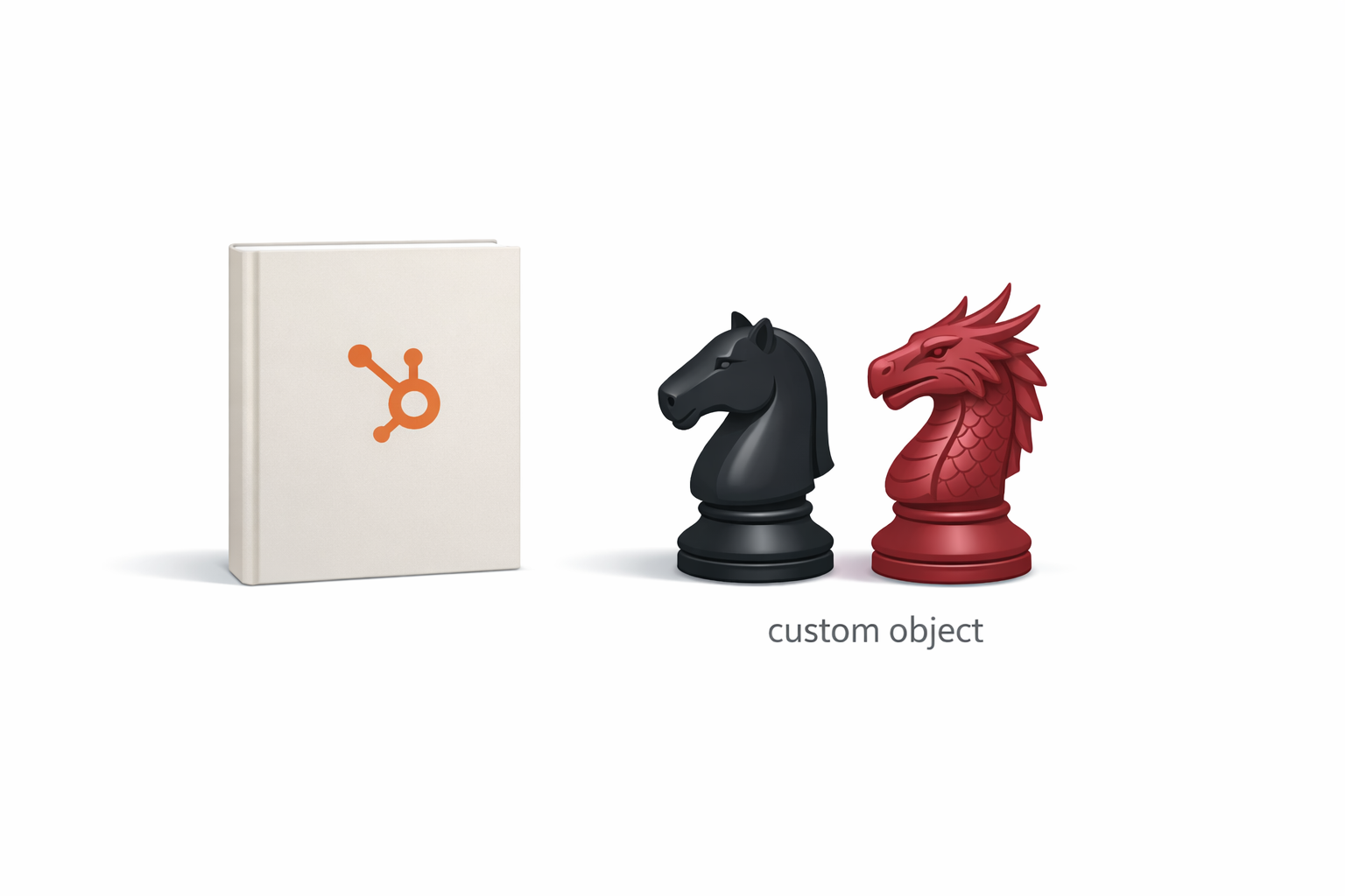 Minimal editorial illustration on a clean white background On the left a simple closed book with a neutral cover a hubspot logo no visible title On th-3